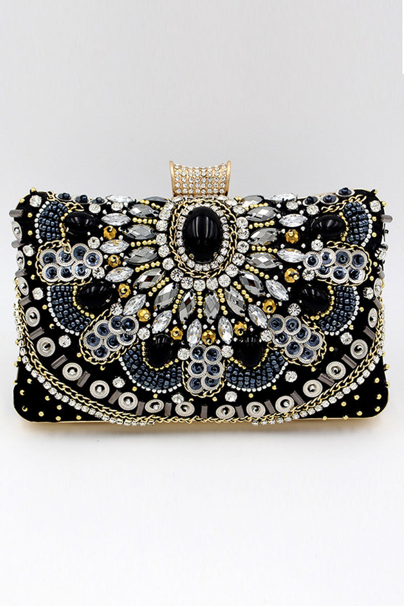 Load image into Gallery viewer, Black Beaded Shoulder Chain Evening Clutch