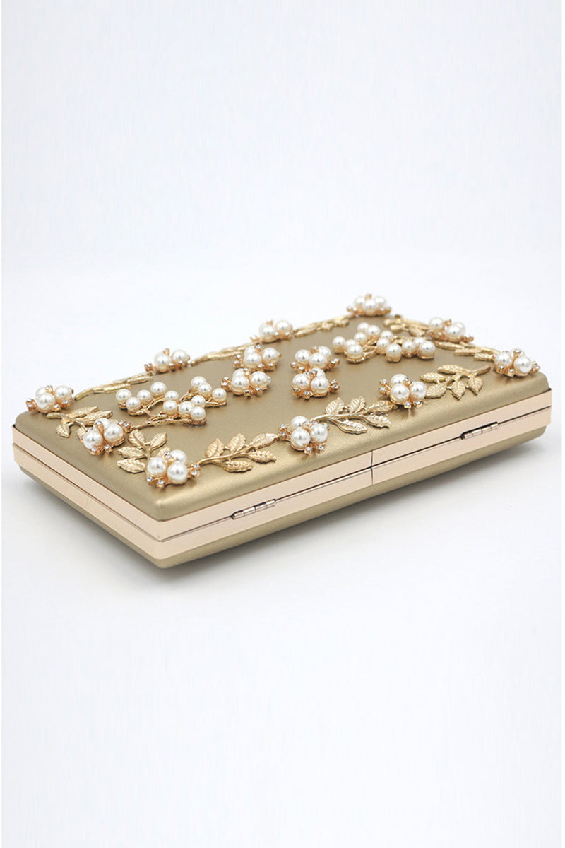 Load image into Gallery viewer, Golden Beaded Pearls Party Clutch