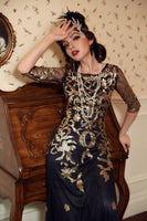 Load image into Gallery viewer, Black Golden Flapper Sequins 1920s Gatsby Party Dress