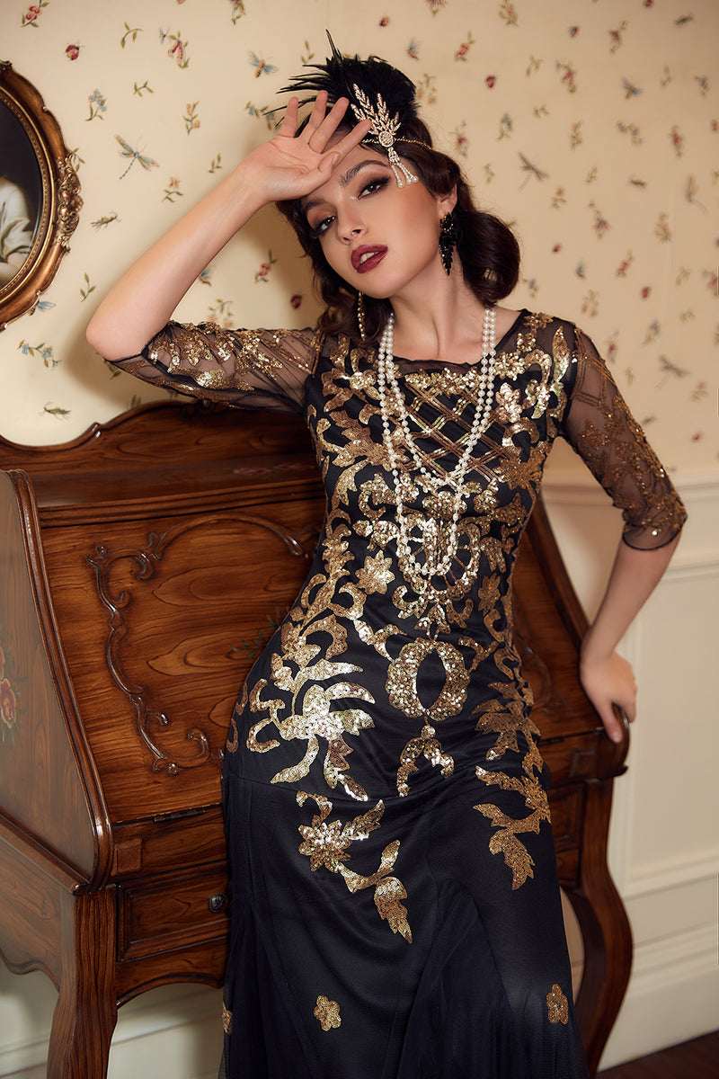 Load image into Gallery viewer, Black Golden Sequins 1920s Dress