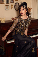 Load image into Gallery viewer, Black Golden Flapper Sequins 1920s Gatsby Party Dress