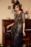 Load image into Gallery viewer, Black Golden Flapper Sequins 1920s Gatsby Party Dress