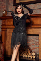 Load image into Gallery viewer, Women Black 1920s Dress Luxurious Sequined Beaded Fringe Vintage Dress