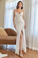 Load image into Gallery viewer, White Mermaid Sequins Prom Dress with Slit