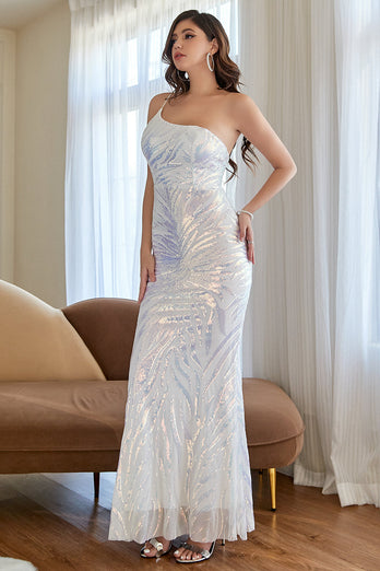 White One Shoulder Sequins Long Prom Dress