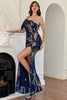 Load image into Gallery viewer, Navy One Shoulder Sequins Prom Dress with Slit