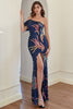 Load image into Gallery viewer, Navy One Shoulder Sequins Prom Dress with Slit