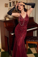 Load image into Gallery viewer, Red Sequins V-neck Spaghetti Straps Long 1920s Dress