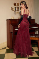 Load image into Gallery viewer, Red Sequins V-neck Spaghetti Straps Long 1920s Dress