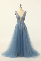 Load image into Gallery viewer, Blue Tulle Prom Dress with Appliques