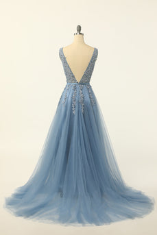 Blue Tulle Prom Dress with Appliques