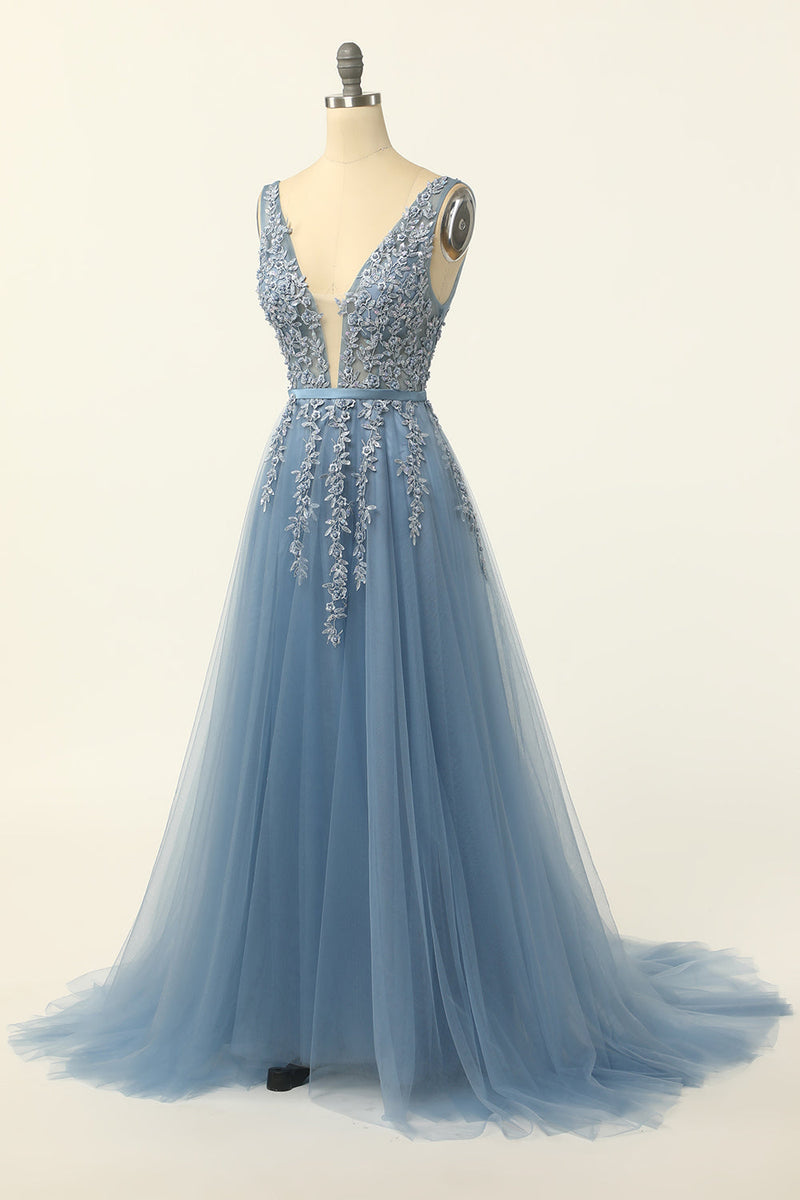 Load image into Gallery viewer, Blue Tulle Prom Dress with Appliques