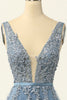 Load image into Gallery viewer, Blue Tulle Prom Dress with Appliques