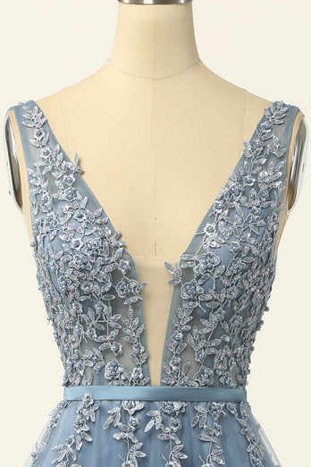Blue Tulle Prom Dress with Appliques