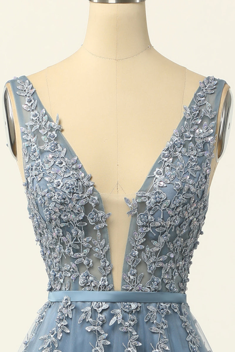 Load image into Gallery viewer, Blue Tulle Prom Dress with Appliques