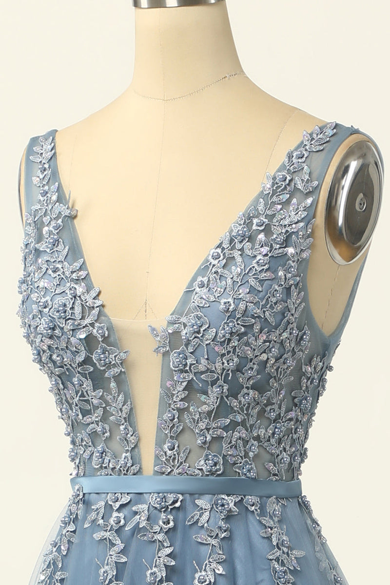 Load image into Gallery viewer, Blue Tulle Prom Dress with Appliques