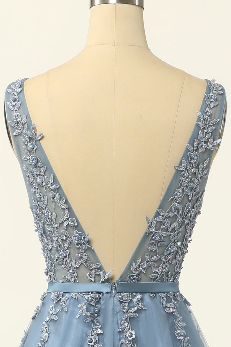 Load image into Gallery viewer, Blue Tulle Prom Dress with Appliques