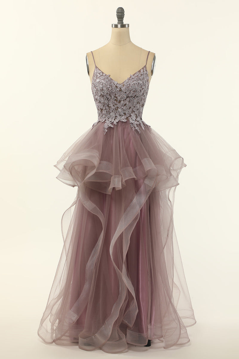 Load image into Gallery viewer, Purple Grey Tulle Spaghetti Straps Long Prom Dress with Appliques