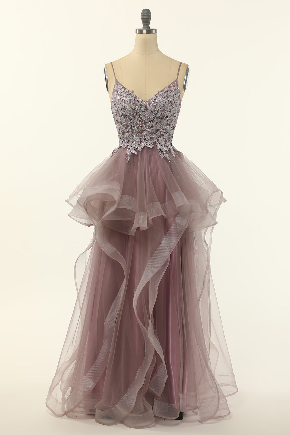 Purple Grey Tulle Spaghetti Straps Long Prom Dress with Appliques