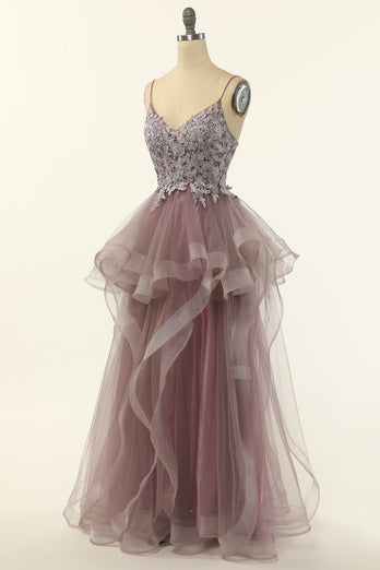 Purple Grey Tulle Spaghetti Straps Long Prom Dress with Appliques