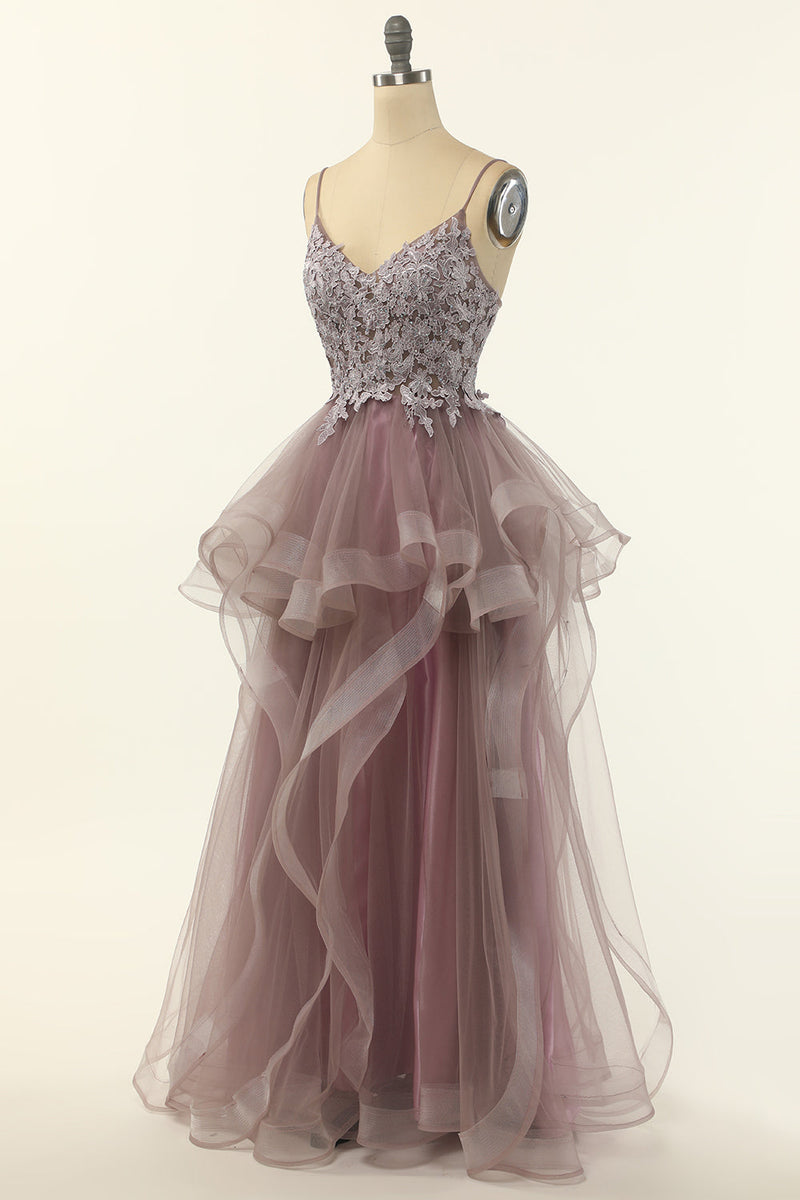 Load image into Gallery viewer, Purple Grey Tulle Spaghetti Straps Long Prom Dress with Appliques
