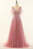 Load image into Gallery viewer, V Neck Blush Beading Tulle A-line Prom Dress