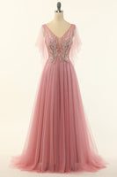 Load image into Gallery viewer, V Neck Blush Beading Tulle A-line Prom Dress
