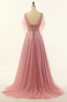 Load image into Gallery viewer, V Neck Blush Beading Tulle A-line Prom Dress