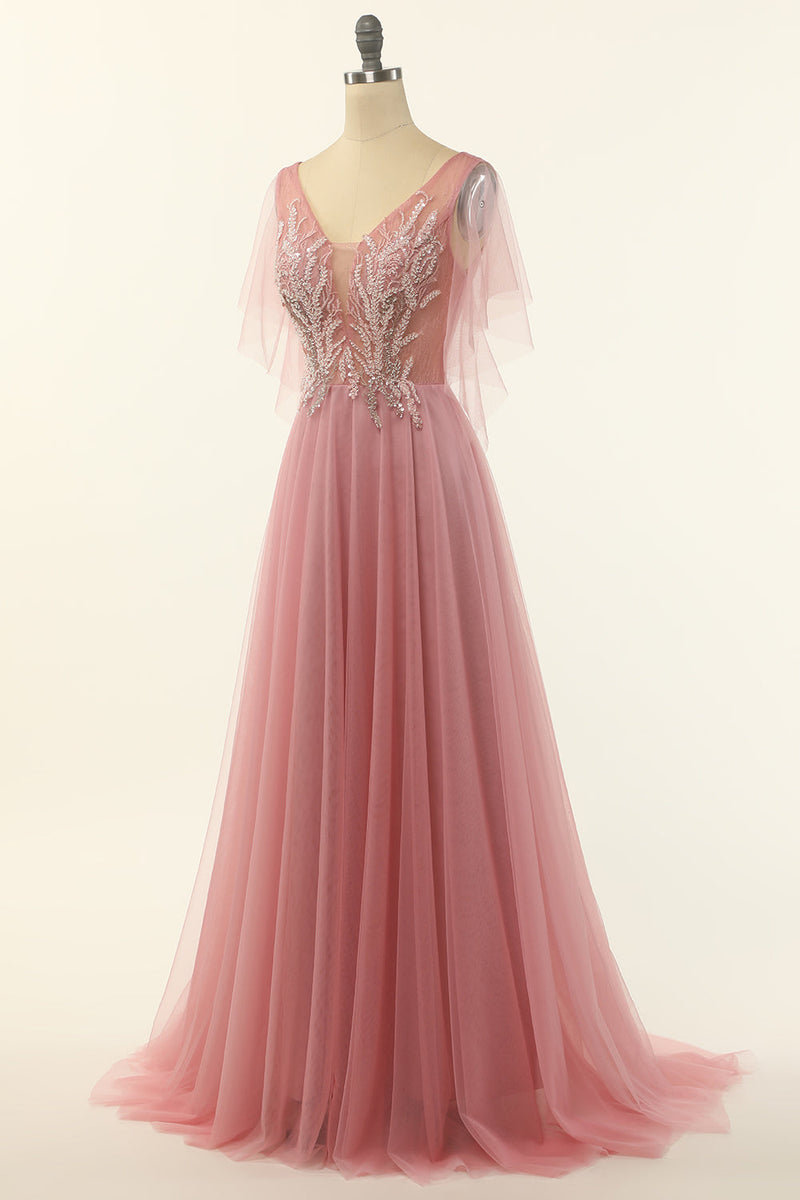 Load image into Gallery viewer, V Neck Blush Beading Tulle A-line Prom Dress