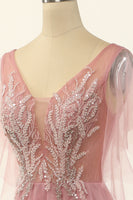 Load image into Gallery viewer, V Neck Blush Beading Tulle A-line Prom Dress