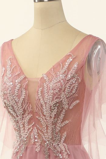 V Neck Blush Beading Tulle A-line Prom Dress