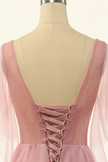 V Neck Blush Beading Tulle A-line Prom Dress