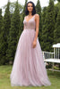 Load image into Gallery viewer, Deep V Neck Sparkly Blush Tulle Sequins Long Prom Dress