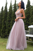 Load image into Gallery viewer, Deep V Neck Sparkly Blush Tulle Sequins Long Prom Dress