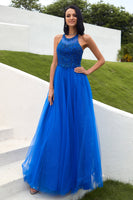 Load image into Gallery viewer, Tulle Royal Blue Halter Long Prom Dress with Appliques