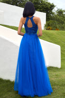 Load image into Gallery viewer, Tulle Royal Blue Halter Long Prom Dress with Appliques