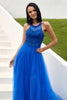 Load image into Gallery viewer, Tulle Royal Blue Halter Long Prom Dress with Appliques
