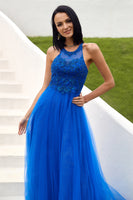 Load image into Gallery viewer, Tulle Royal Blue Halter Long Prom Dress with Appliques