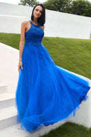 Load image into Gallery viewer, Tulle Royal Blue Halter Long Prom Dress with Appliques