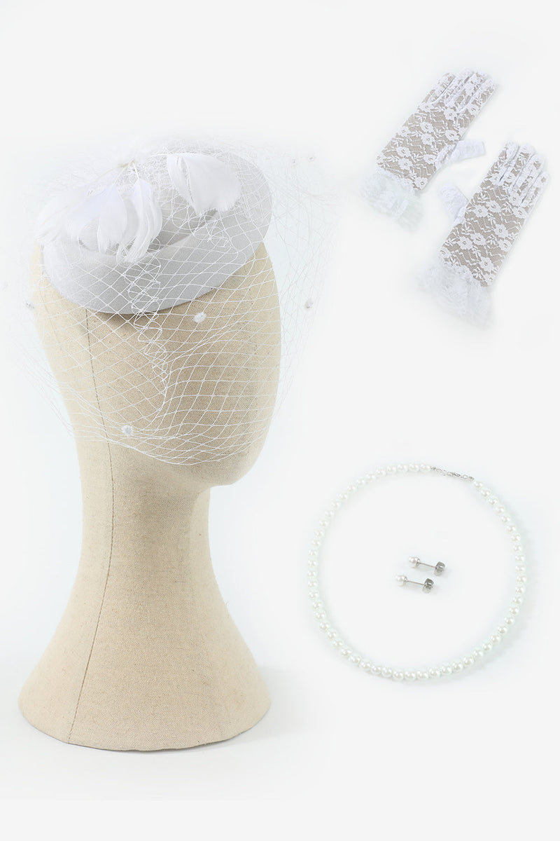 Load image into Gallery viewer, White Earrings Necklace Gloves Headpieces Four Pieces 1920s Accessories Sets