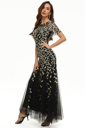 Leaves Sequins Mother Dress with Short Sleeves