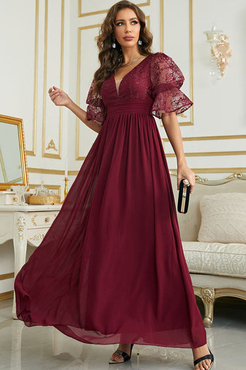Burgundy Chiffon Bridesmaid Dress with Lace