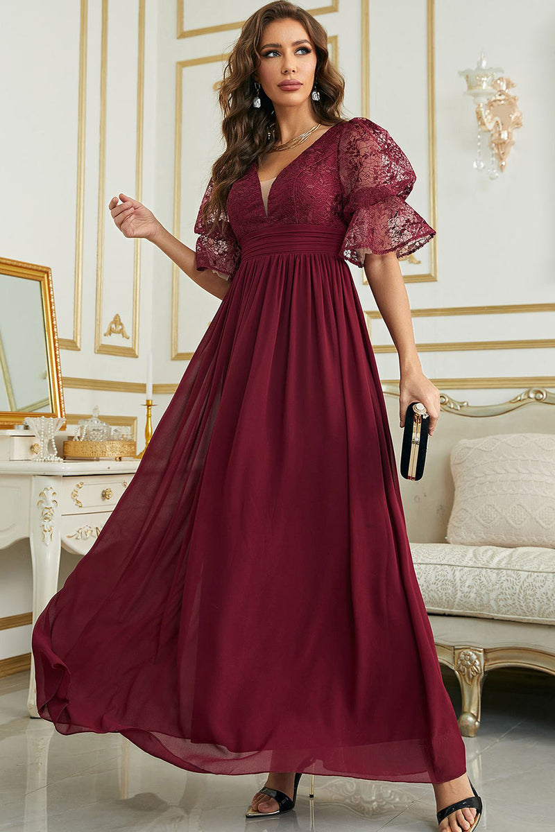 Load image into Gallery viewer, Burgundy Chiffon Bridesmaid Dress with Lace