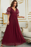 Load image into Gallery viewer, Burgundy Chiffon Bridesmaid Dress with Lace