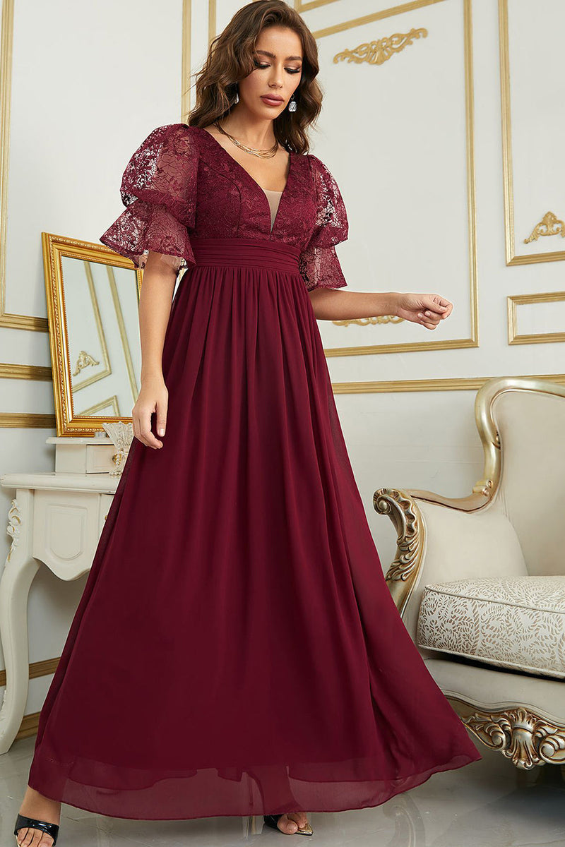 Load image into Gallery viewer, Burgundy Chiffon Bridesmaid Dress with Lace