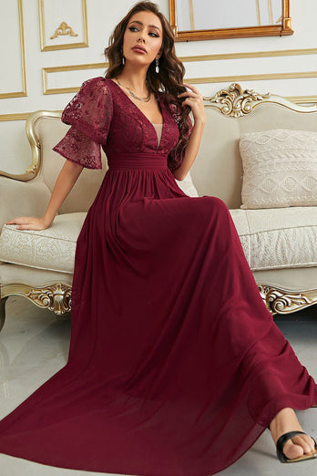 Burgundy Chiffon Bridesmaid Dress with Lace