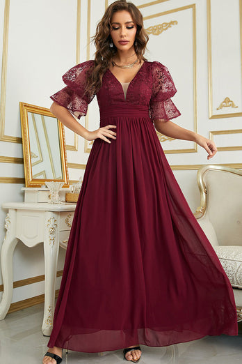 Burgundy Chiffon Bridesmaid Dress with Lace