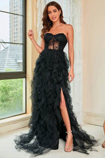 Strapless Black Corset Prom Dress with Slit