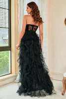 Load image into Gallery viewer, Strapless Black Corset Prom Dress with Slit
