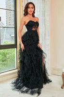 Load image into Gallery viewer, Strapless Black Corset Prom Dress with Slit